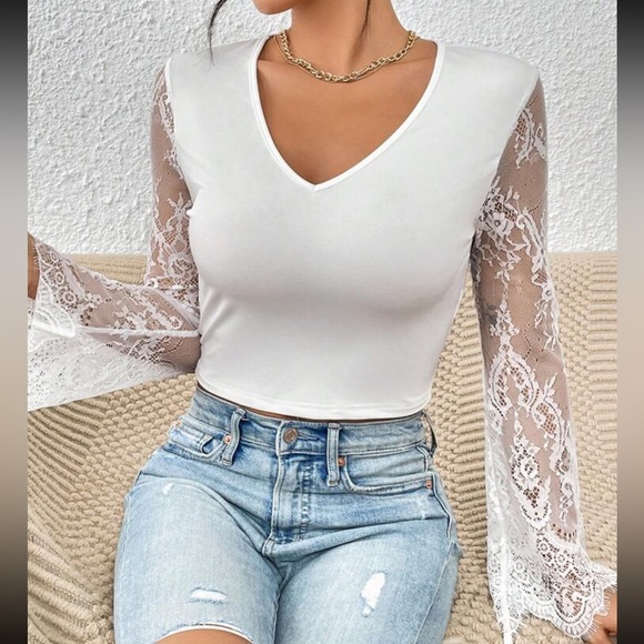 White Boho Sheer Mesh Lace Flare Sleeve Open Back Tie Cropped Top - Picture 5 of 6